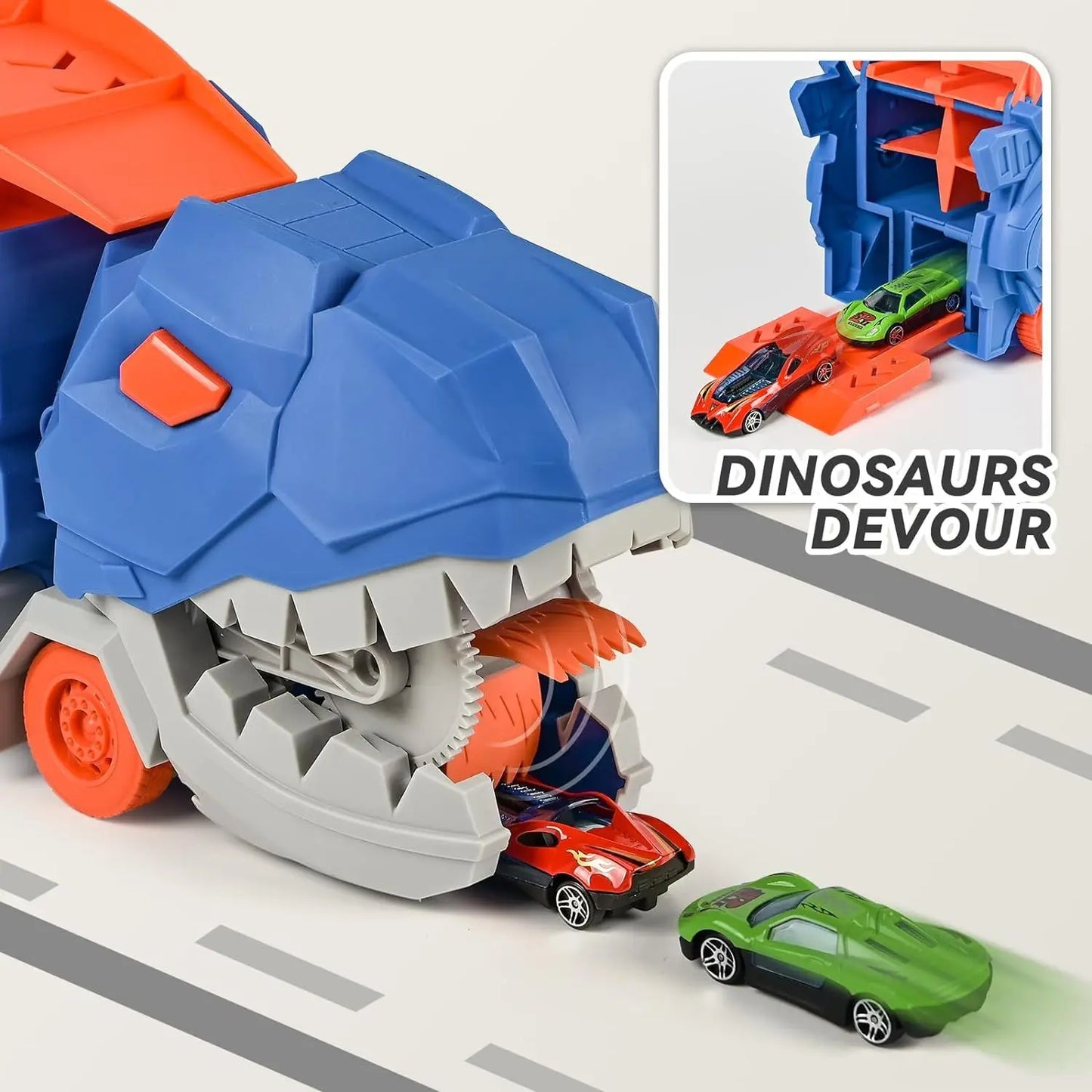 The transport dinosaur truck folds and slides 25 inches onto the track, turning four alloy buggies into standing Tyrannosaurus