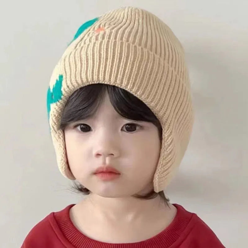 Cartoon Dinosaur Kids Earmuffs Hat Winter Warm Knitted Beanie Cap for Boy Girl Cute 3D Solid Color Toddler Ear Protection Caps